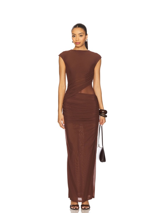 SNDYS. Dresses & Skirts - Cap-Sleeve Brown Ruched Maxi Dress